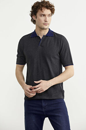 Pamuk Polo Yaka Kısa Kol Triko Tişört - Antrasit