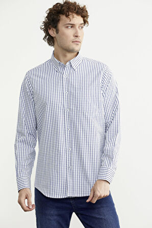 Kareli Uzun Kol Cepli Gömlek - Saks