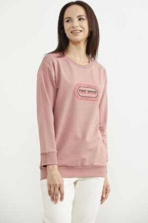 Baskılı Oversize Basic Sweatshirt - Gül Kurusu