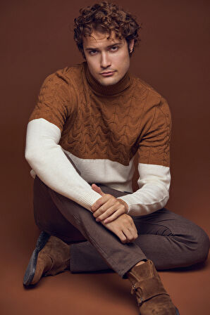 Çift Renk Tam Balıkçı Triko Kazak - Kemik