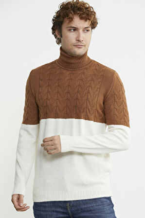 Çift Renk Tam Balıkçı Triko Kazak - Kemik