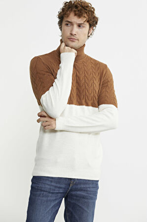 Çift Renk Tam Balıkçı Triko Kazak - Kemik