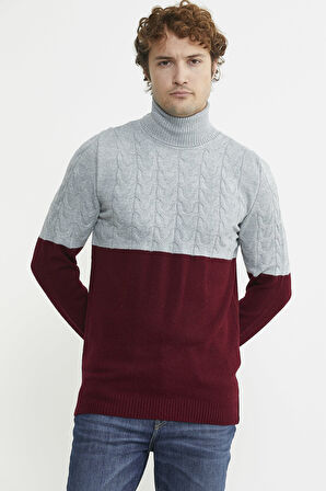 Çift Renk Tam Balıkçı Triko Kazak - Bordo