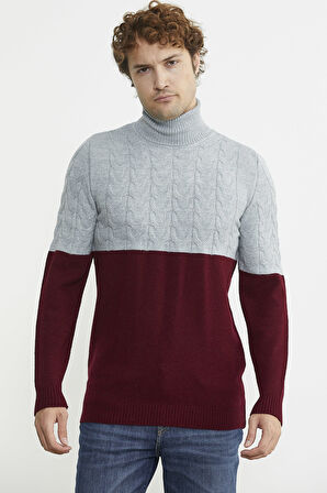 Çift Renk Tam Balıkçı Triko Kazak - Bordo