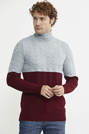 Çift Renk Tam Balıkçı Triko Kazak - Bordo