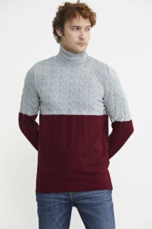 Çift Renk Tam Balıkçı Triko Kazak - Bordo