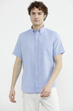 Kısa Kol Cepli Yazlık Gömlek - Orta Mavi