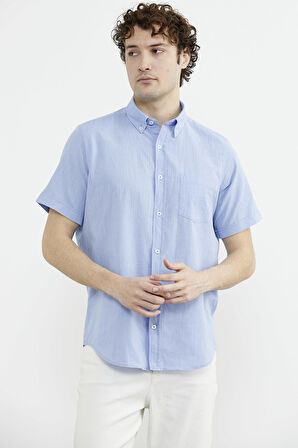 Kısa Kol Cepli Yazlık Gömlek - Orta Mavi