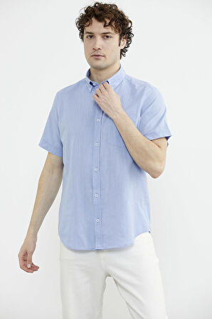 Kısa Kol Cepli Yazlık Gömlek - Orta Mavi