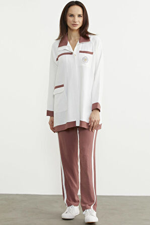 Çift Renk Kombinli Tunik Krep Takım - Gül