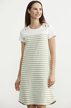 Düğme Detaylı Çizgili Penye Elbise - Yeşil