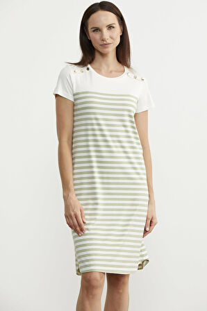 Düğme Detaylı Çizgili Penye Elbise - Yeşil