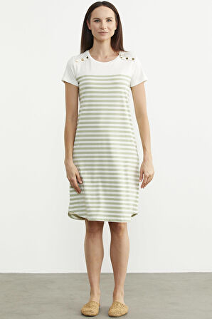 Düğme Detaylı Çizgili Penye Elbise - Yeşil