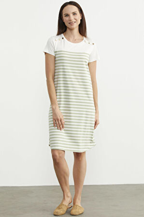 Düğme Detaylı Çizgili Penye Elbise - Yeşil