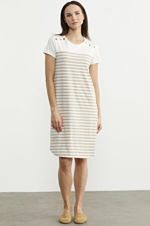 Düğme Detaylı Çizgili Penye Elbise - Vizon