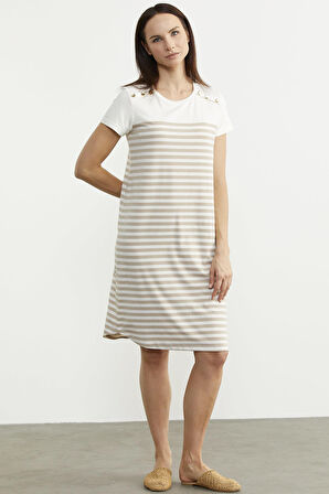 Düğme Detaylı Çizgili Penye Elbise - Vizon