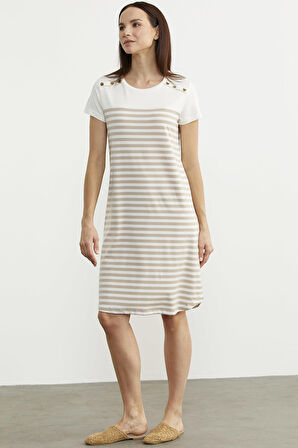 Düğme Detaylı Çizgili Penye Elbise - Vizon