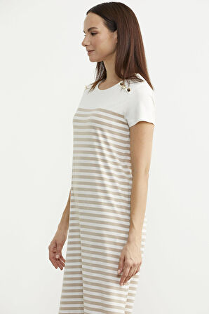 Düğme Detaylı Çizgili Penye Elbise - Vizon