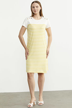 Düğme Detaylı Çizgili Penye Elbise - Sarı