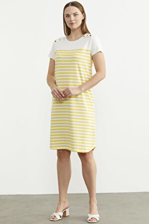 Düğme Detaylı Çizgili Penye Elbise - Sarı