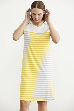 Düğme Detaylı Çizgili Penye Elbise - Sarı
