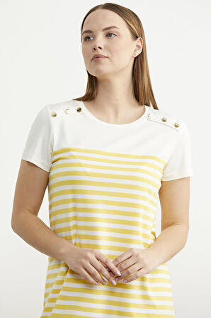 Düğme Detaylı Çizgili Penye Elbise - Sarı
