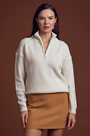 Yarım Balıkçı Yaka  Fermuarlı Yün Triko Kazak - Kemik