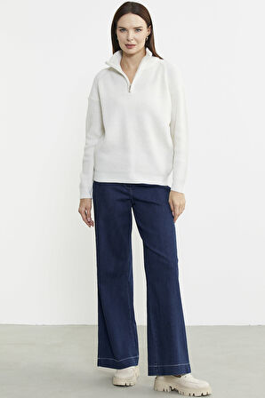 Yarım Balıkçı Yaka  Fermuarlı Yün Triko Kazak - Kemik