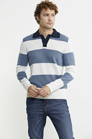 Çizgili Polo Yaka Yünlü  Triko Kazak - Mavi