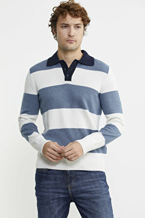 Çizgili Polo Yaka Yünlü  Triko Kazak - Mavi