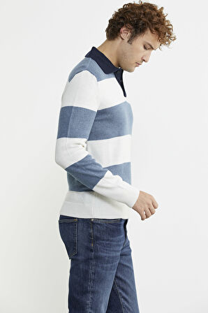 Çizgili Polo Yaka Yünlü  Triko Kazak - Mavi