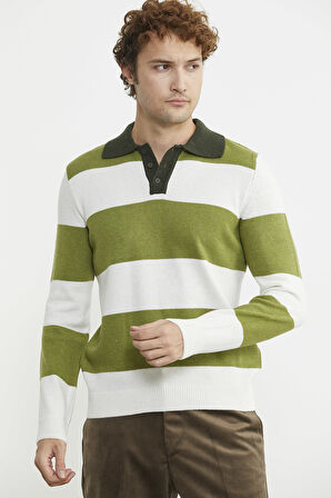 Çizgili Polo Yaka Yünlü  Triko Kazak - Yeşil