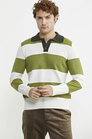 Çizgili Polo Yaka Yünlü  Triko Kazak - Yeşil