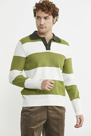 Çizgili Polo Yaka Yünlü  Triko Kazak - Yeşil