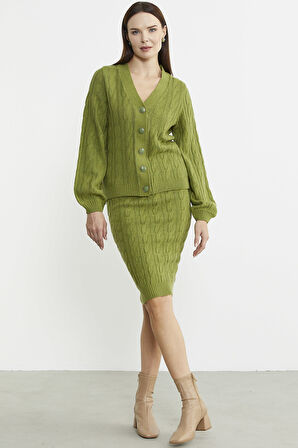 Saç Örgüsü Motifli Etekli Yünlü Triko Takım - Yeşil