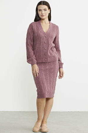 Saç Örgüsü Motifli Etekli Yünlü Triko Takım - Gül