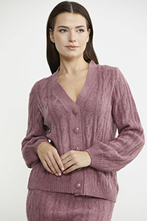 Saç Örgüsü Motifli Etekli Yünlü Triko Takım - Gül