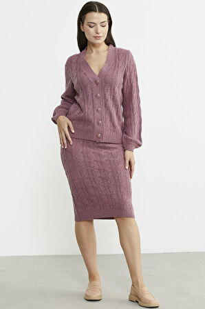 Saç Örgüsü Motifli Etekli Yünlü Triko Takım - Gül