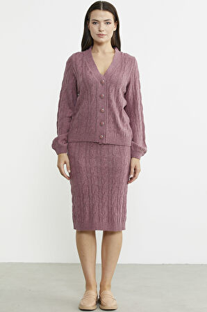 Saç Örgüsü Motifli Etekli Yünlü Triko Takım - Gül