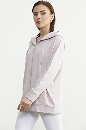 Fermuarlı Oversize Sweat - Pudra