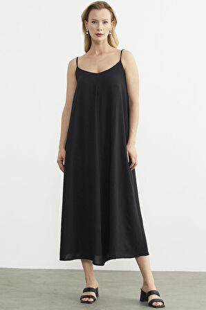 Ayarlanabilir Askılı Uzun Krep Elbise - Siyah