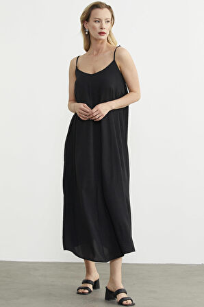 Ayarlanabilir Askılı Uzun Krep Elbise - Siyah