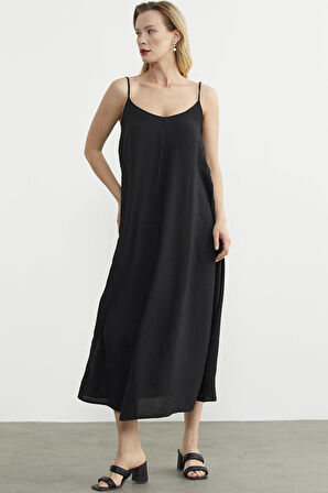 Ayarlanabilir Askılı Uzun Krep Elbise - Siyah