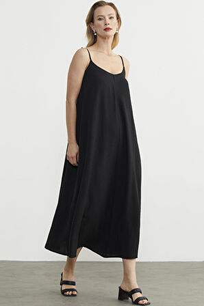 Ayarlanabilir Askılı Uzun Krep Elbise - Siyah