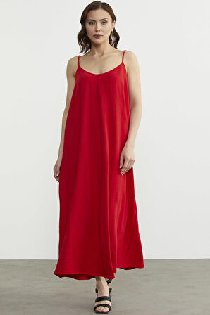 Ayarlanabilir Askılı Uzun Krep Elbise - Kırmızı