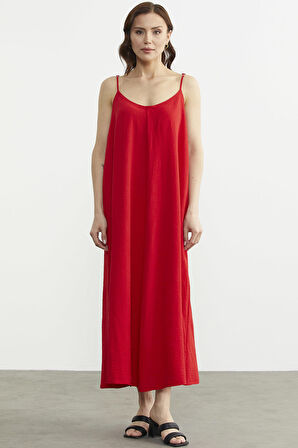 Ayarlanabilir Askılı Uzun Krep Elbise - Kırmızı