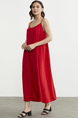 Ayarlanabilir Askılı Uzun Krep Elbise - Kırmızı