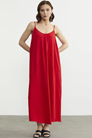 Ayarlanabilir Askılı Uzun Krep Elbise - Kırmızı
