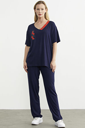 V Yaka Renk Kombinli Penye Takım - Lacivert