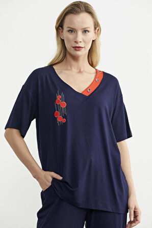 V Yaka Renk Kombinli Penye Takım - Lacivert